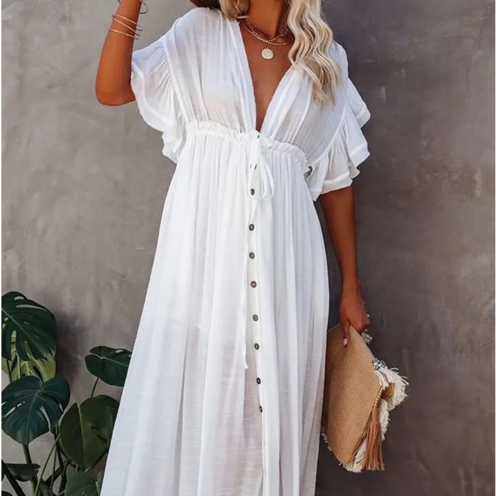#30 Gorgeous White Bohemian Button Down Vacation Flowy Ruffled Resort Maxi Dress - Picture 6 of 10